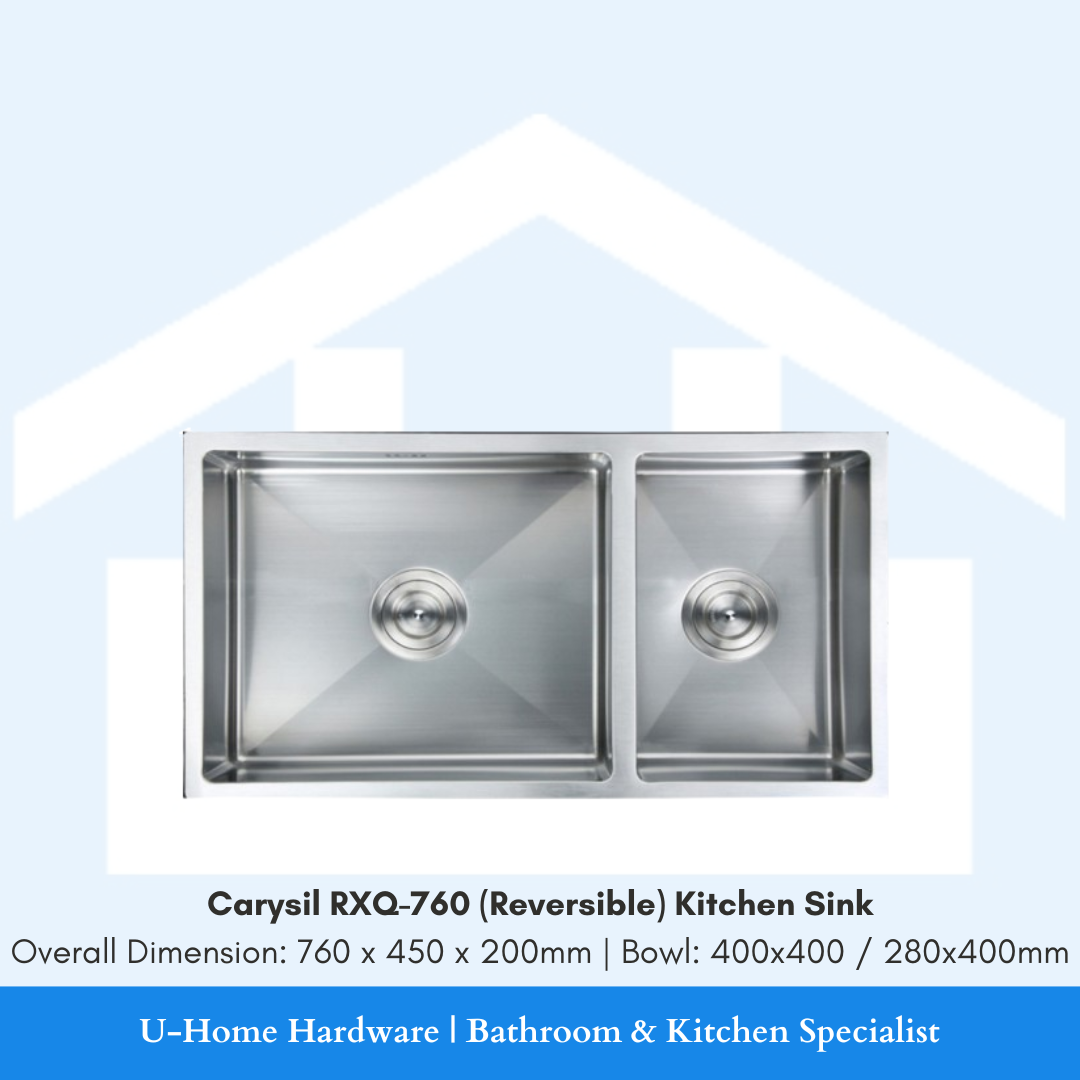 Isolated product cutout of the Carysil RXQ-760 Quartz Sink, showcasing the reversible 760mm design that allows the basin to be installed on either the left or right side to suit your kitchen plumbing.