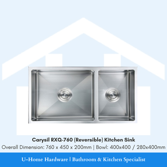 Isolated product cutout of the Carysil RXQ-760 Quartz Sink, showcasing the reversible 760mm design that allows the basin to be installed on either the left or right side to suit your kitchen plumbing.