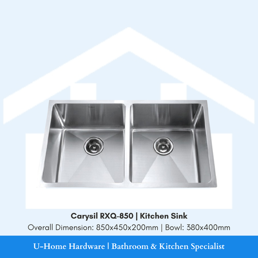 Isolated product cutout of the Carysil RXQ-850 Quartz Sink, highlighting the expansive 850mm width
