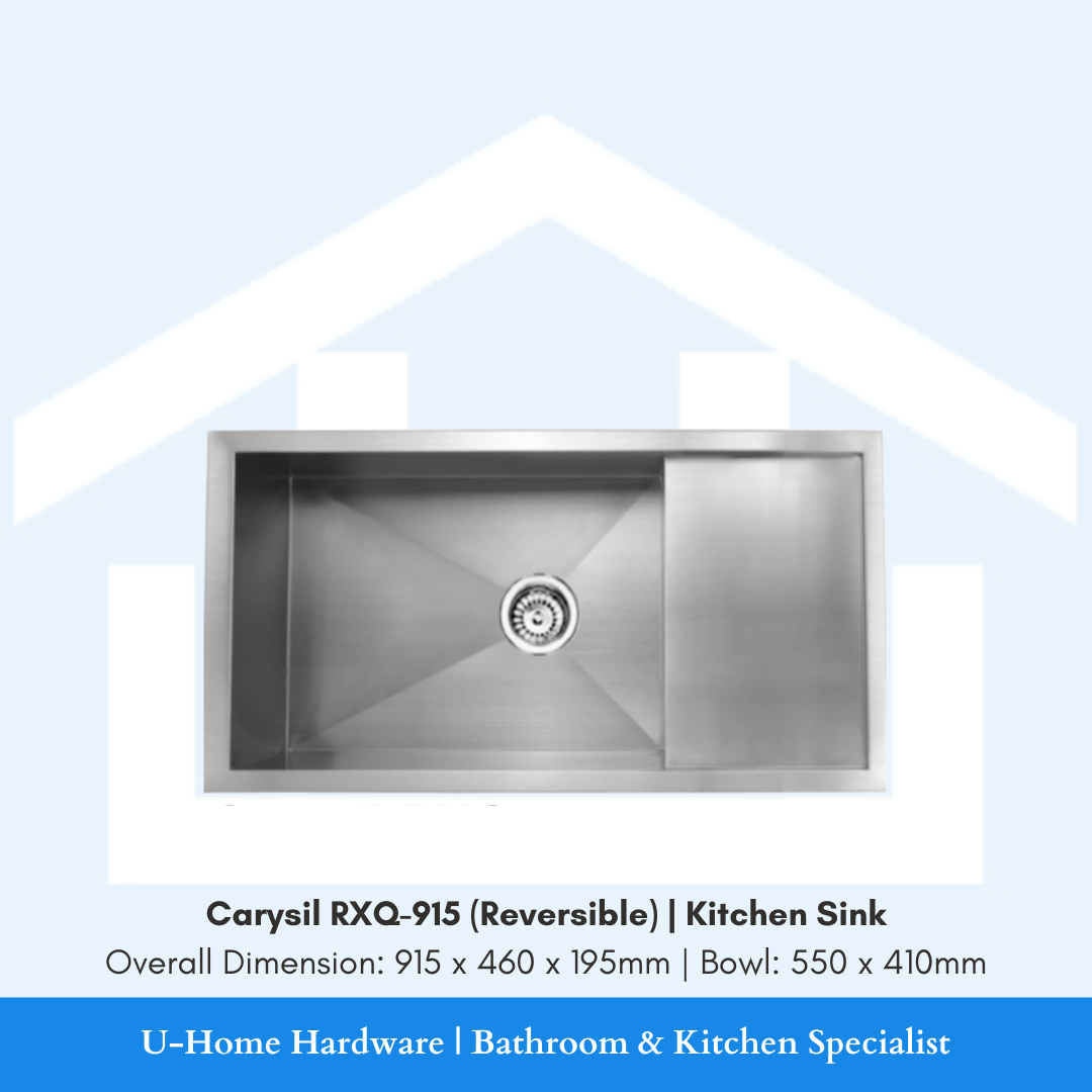 Top-down view of the 915mm Carysil RXQ-915 sink, emphasizing the reversible design that allows the bowl to be positioned on either the left or right side to fit your specific kitchen plumbing