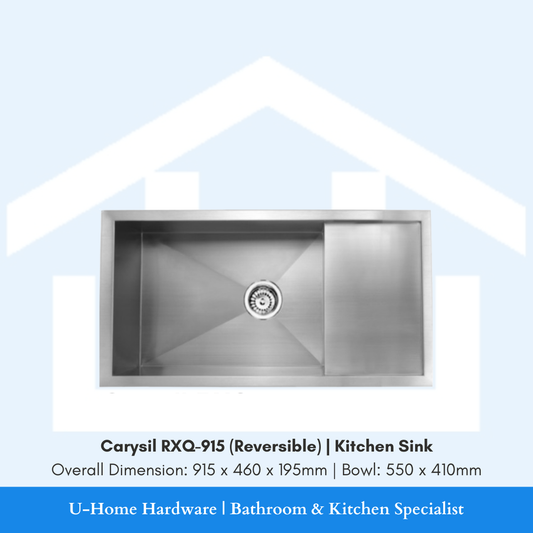 Top-down view of the 915mm Carysil RXQ-915 sink, emphasizing the reversible design that allows the bowl to be positioned on either the left or right side to fit your specific kitchen plumbing