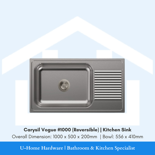 Isolated product cutout of the 1000mm Carysil Vogue #1000 Quartz Sink, showcasing the reversible design that allows the bowl to be oriented on either the left or right side