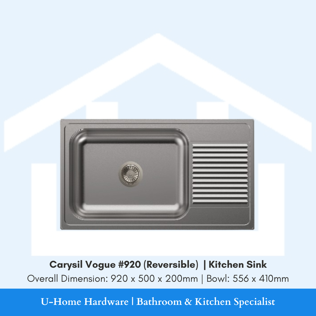 Isolated product cutout of the Carysil Vogue #920 Quartz Sink, highlighting the reversible 920mm design that allows the basin to be installed on the left or right side.