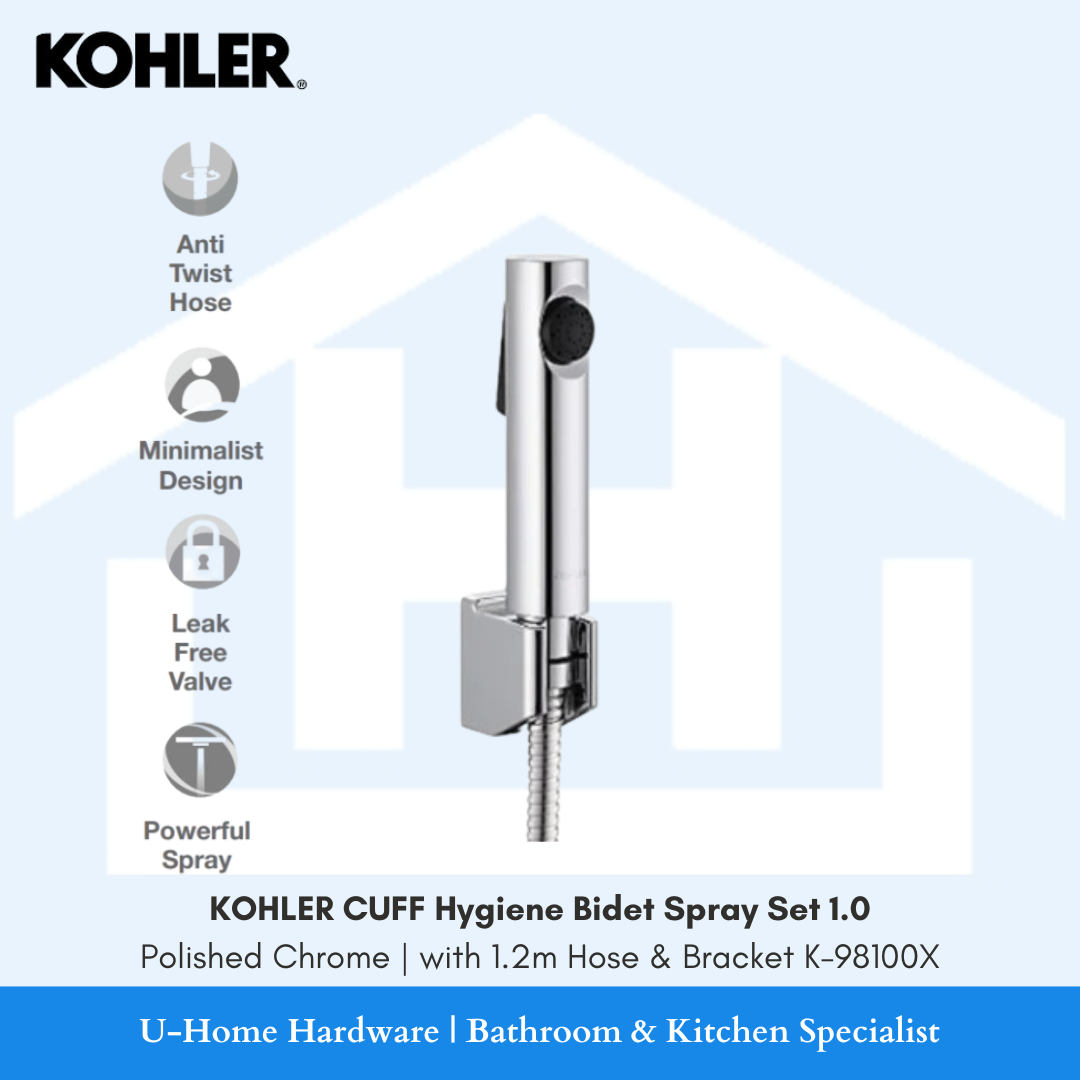 KOHLER Cuff 1.0 K-98100X hygiene bidet spray set in premium polished chrome finish with 1.2m hose and wall bracket.