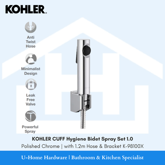 KOHLER Cuff 1.0 K-98100X hygiene bidet spray set in premium polished chrome finish with 1.2m hose and wall bracket.