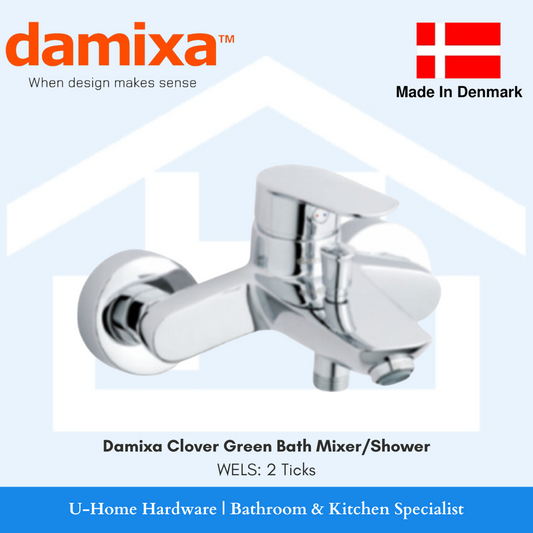 A Damixa chrome green bath mixer/shower fixture, with a modern design. Made in Denmark.