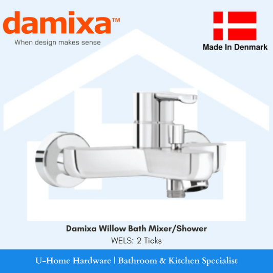 Damixa Willow Bath Mixer/Shower with chrome brass finish, made in Denmark, with branding visible.