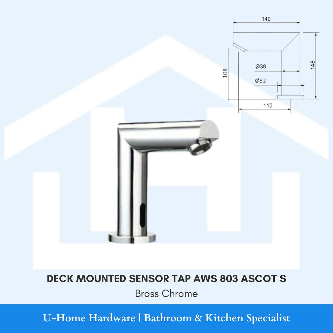 Isolated product cutout of the AWS 803 ASCOT S Sensor Tap, highlighting the minimalist cylindrical Brass Chrome body and the integrated infrared sensor window.