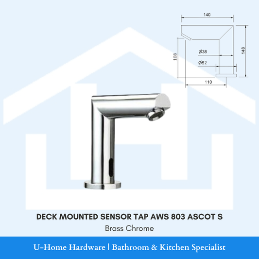 Isolated product cutout of the AWS 803 ASCOT S Sensor Tap, highlighting the minimalist cylindrical Brass Chrome body and the integrated infrared sensor window.