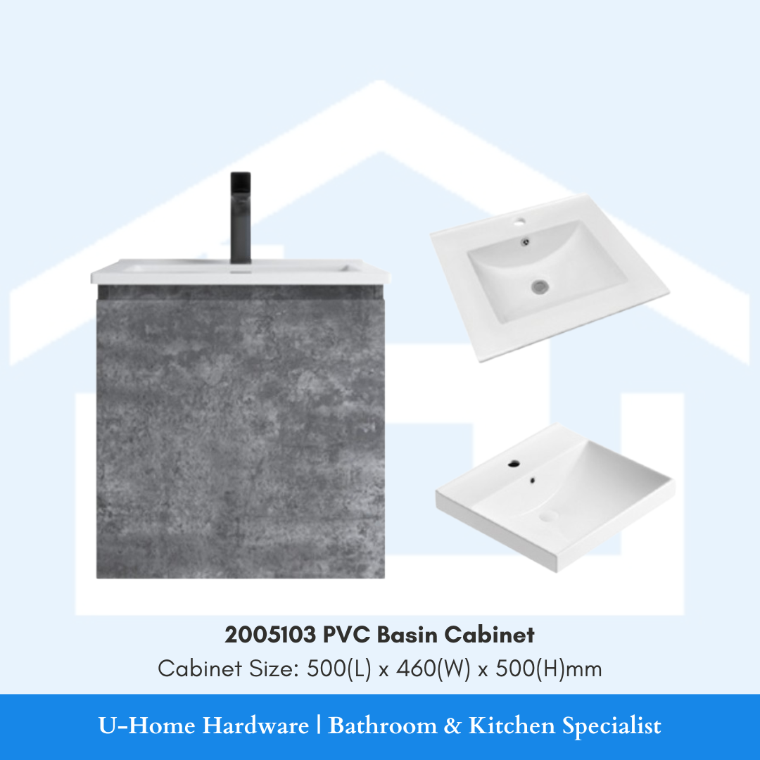 A PVC basin cabinet set consisting of a rectangular cabinet in a grey color, a white inset basin, and a table top in a white color, with the dimensions of the cabinet provided in the description.
