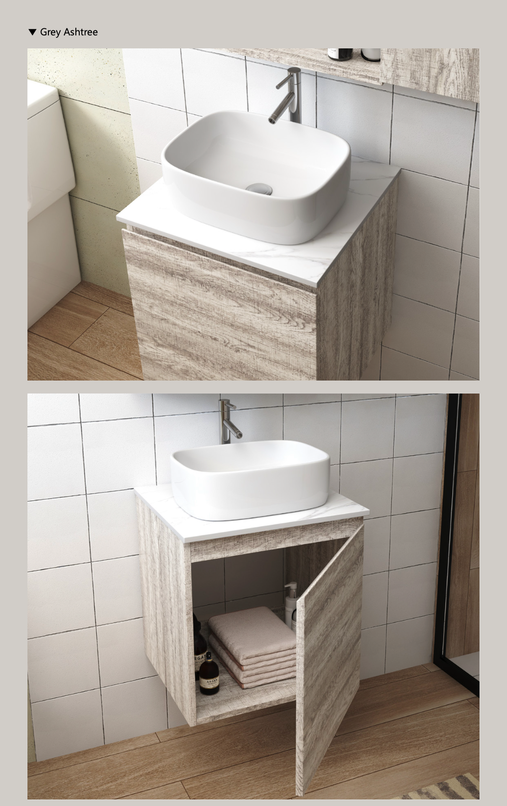 DUSCHE 2005103GA gray ashtree PVC vanity cabinet, waterproof wall hung design for small bathrooms.