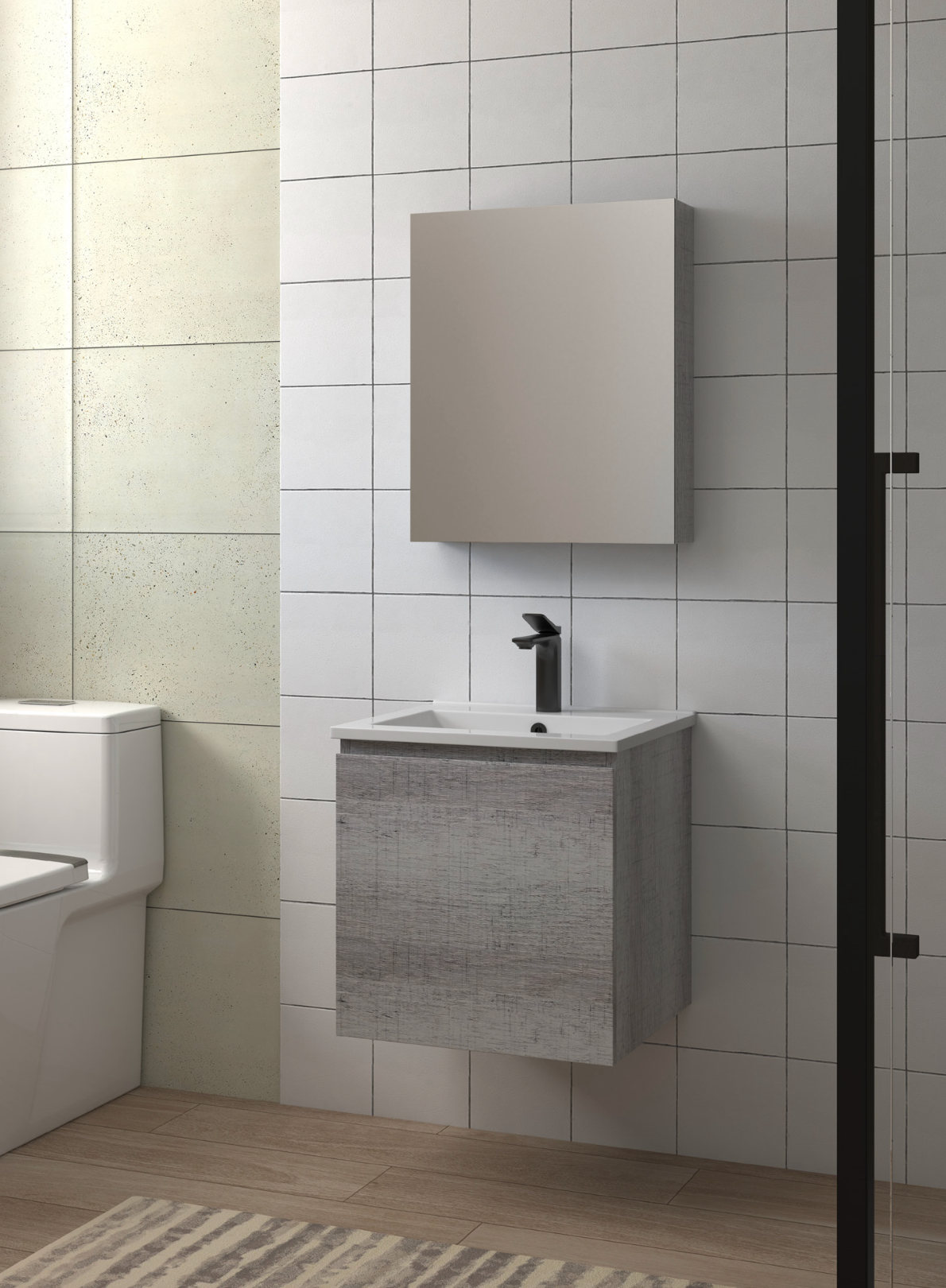 DUSCHE 2005103MG mist gray PVC vanity cabinet, waterproof wall-hung design for small bathrooms.