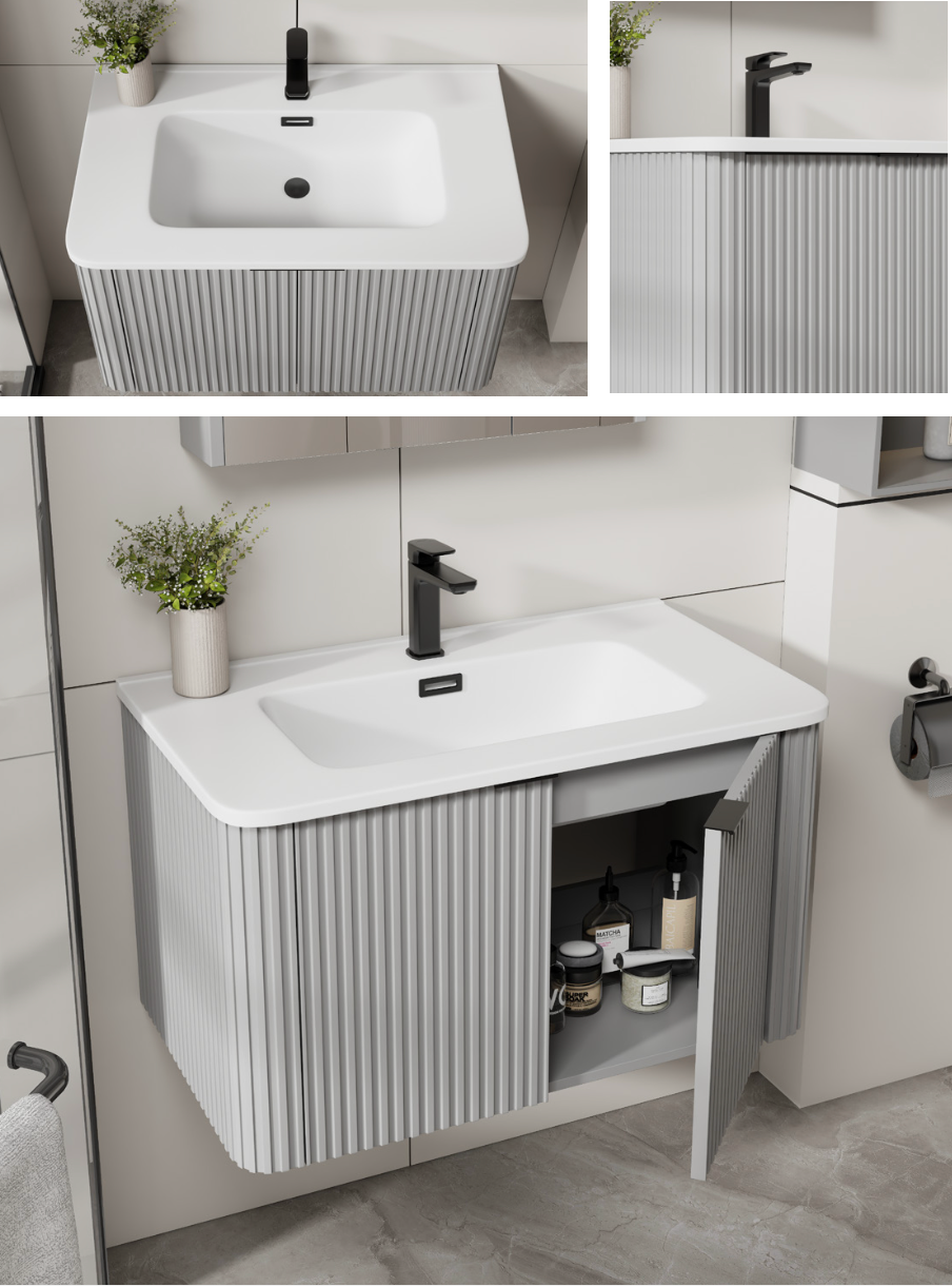 Bathroom vanity with sink and storage cabinet, featuring a modern design.