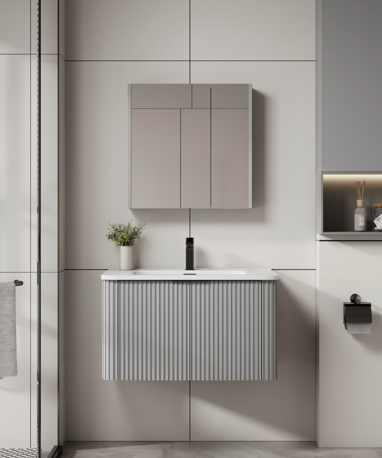 Modern bathroom vanity with mirror and sink in a neutral color scheme. fluted cabinet