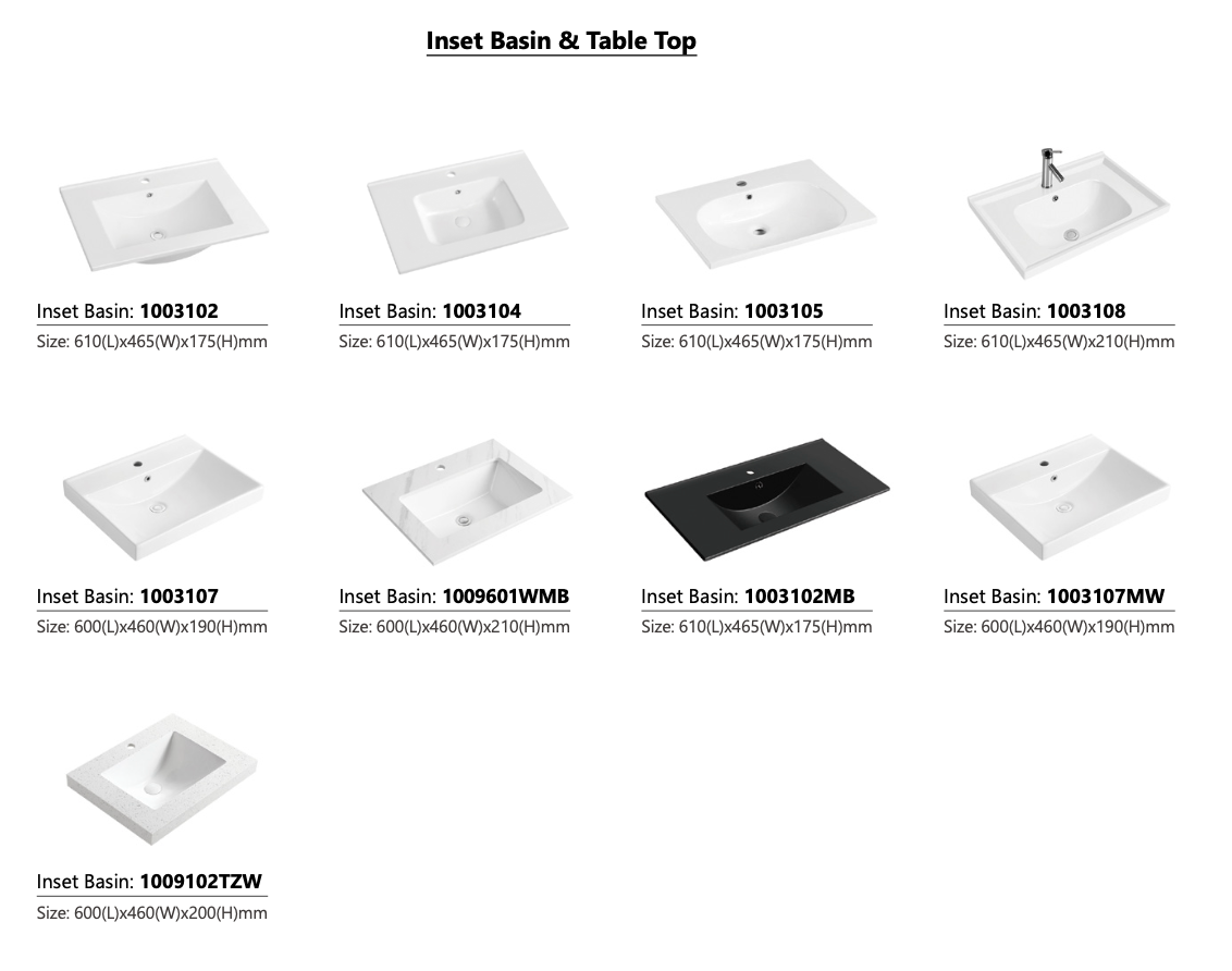 Various sizes of inset basins and table tops on a white background