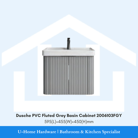 Wall-hung Dusche Fluted Grey vanity showing the moisture-proof cabinet construction and modern matte finish.