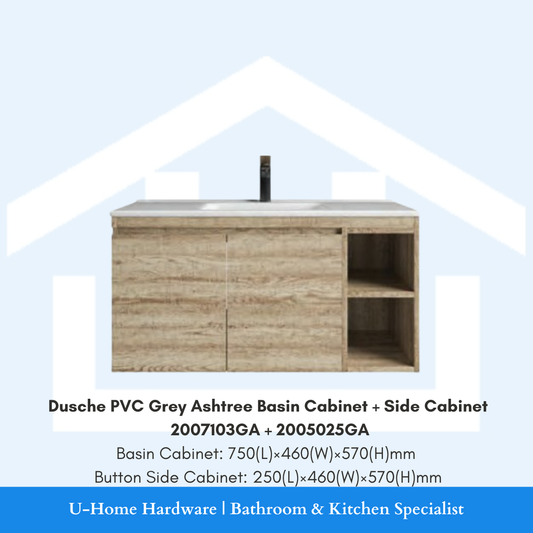 Coordinated Dusche Grey Ash bathroom set featuring 2007103GA waterproof PVC vanity and 2005025GA tall side cabinet.