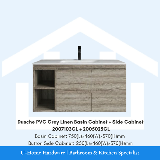 Coordinated Dusche Grey Linen bathroom set featuring the 2007103GL waterproof PVC vanity and matching 2005025GL tall side storage cabinet.