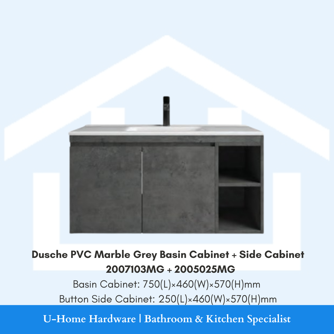 Coordinated Dusche Mist Grey bathroom set featuring 2007103MG waterproof PVC vanity and matching 2005025MG tall side storage cabinet.