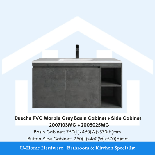 Coordinated Dusche Mist Grey bathroom set featuring 2007103MG waterproof PVC vanity and matching 2005025MG tall side storage cabinet.