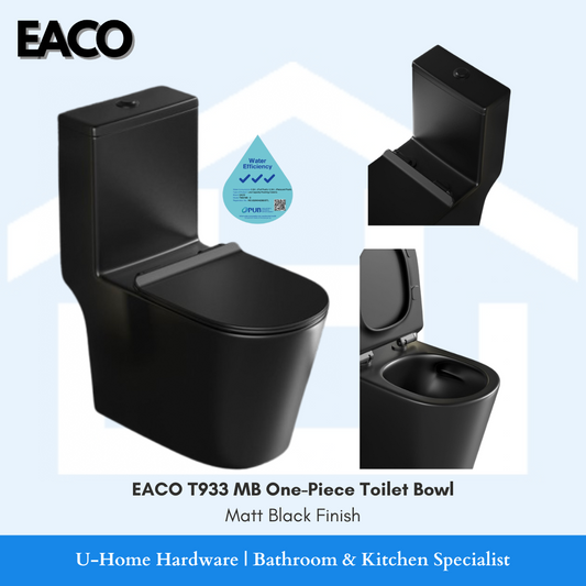 EACO T933MB: Modern matte black toilet, Geberit flush, soft-close seat. Ideal for Singapore HDB, BTO, condo, landed homes."
"Stylish black WC: EACO T933MB one-piece toilet with Geberit system. Perfect for Singapore apartments and houses."
"Singapore bathroom upgrade: EACO T933MB black toilet bowl, water-saving Geberit flush, comfortable urea seat."
"Luxury matte black toilet for Singapore homes: EACO T933MB with Geberit technology and quiet-close seat."
"Space-saving one-piece toilet: EACO T933MB in sleek b