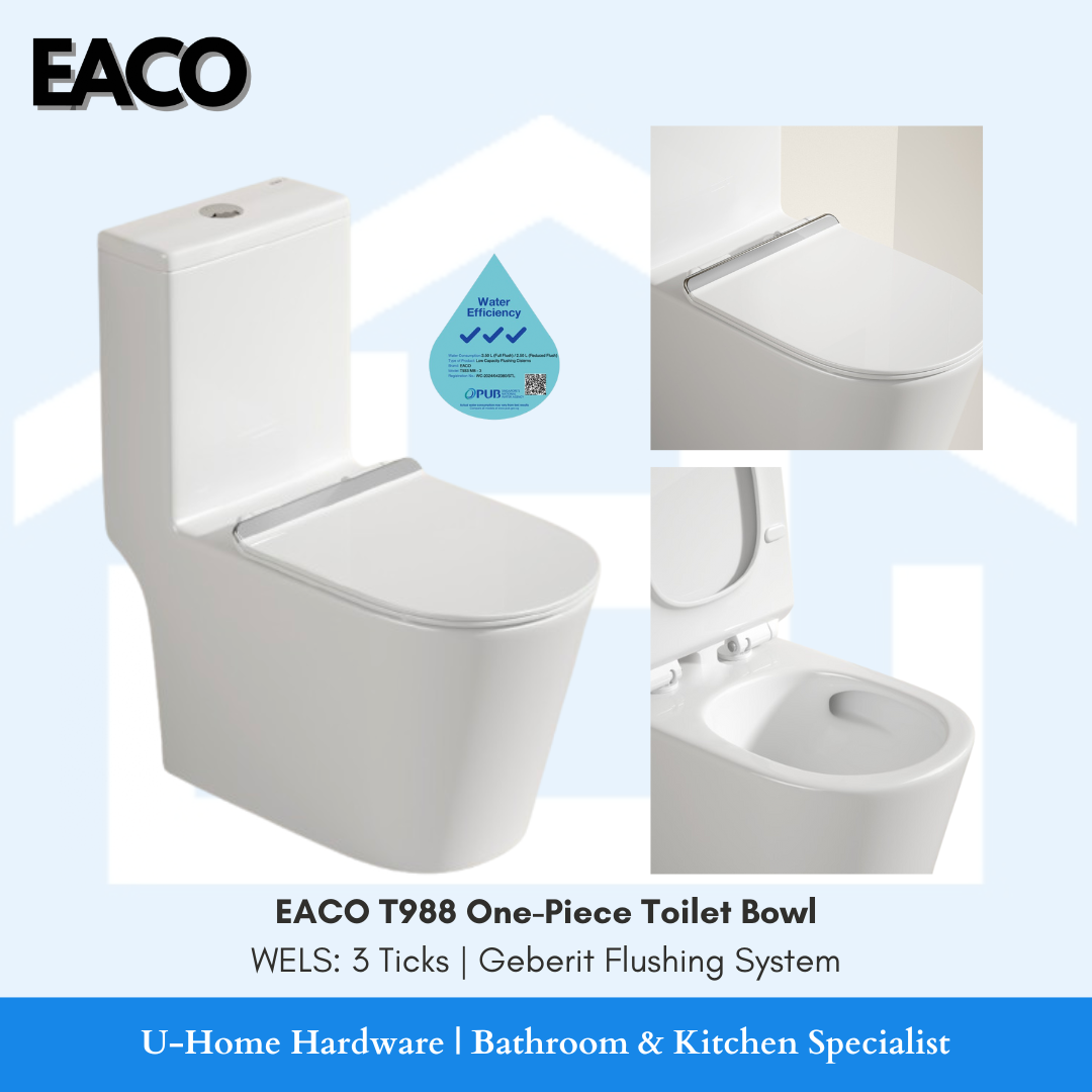 EACO T988 Tornado Flush One-Piece Toilet Bowl with Soft-Close Seat Cover - Modern Bathroom Fixture with Powerful Cyclonic Flushing System, Latest Singapore Market Release 2024