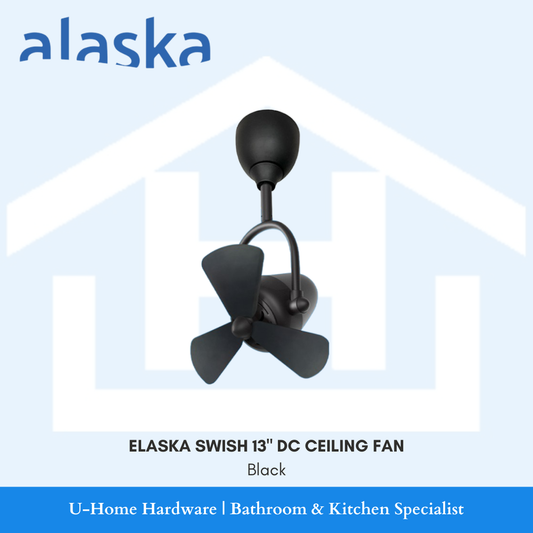 Alaska Swish 13" DC motor fan in Black, highlighting the slim design and energy-efficient 330mm blade profile