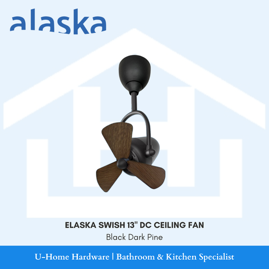 Front view of the 13-inch Alaska Swish DC ceiling fan in Black Dark Pine, showing the matte black motor housing and three dark pine-textured blades.