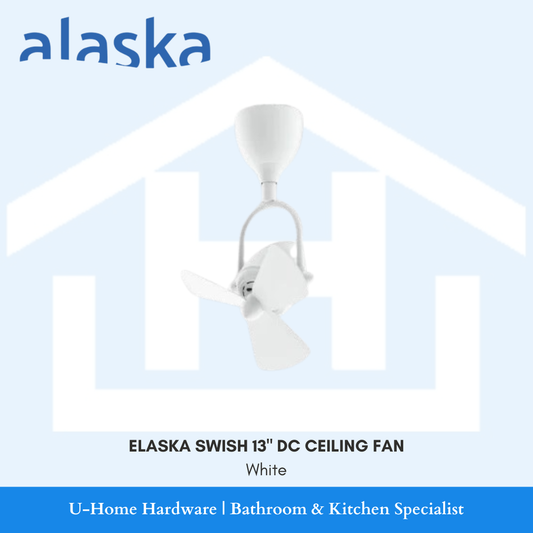 Isolated product shot of the Alaska Swish 13-inch White DC fan, highlighting the seamless, all-white finish designed for a clean, modern aesthetic.
