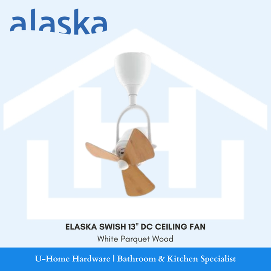 Front view of the 13-inch Alaska Swish DC fan with a white motor housing and three light parquet wood-grain blades, showing the natural wood texture