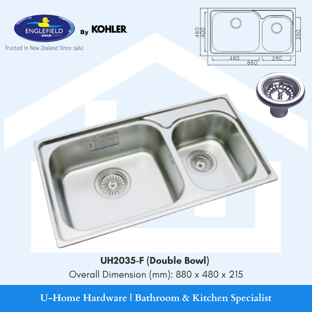 Double bowl top mount stainless steel kitchen sink by ENGLEFIELD, model number UH2035-F, with overall dimensions 880 x 480 x 215 mm.