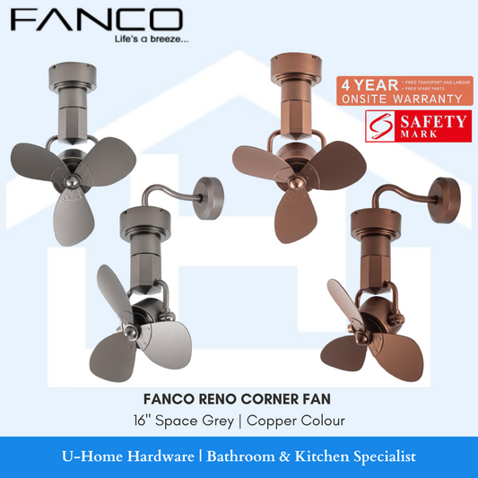 Fanco Reno Corner Fan with space grey and copper color options on a light blue background.