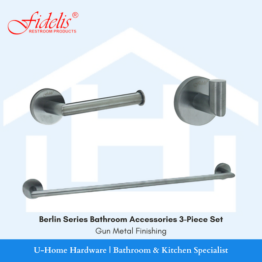 A set of stainless steel bathroom accessories including a towel bar, robe hook, and a toilet paper holder, with a gun metal finish.