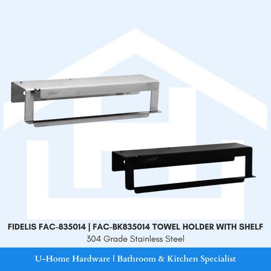 Two towel holders with shelves, one with a matte silver finish and the other with a matte black finish. Both are made of 304 grade stainless steel.