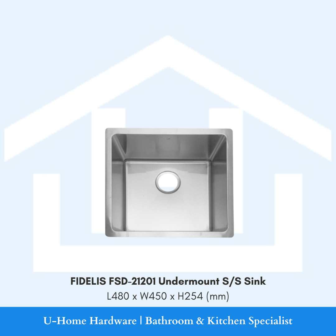 Top view of FIDELIS FSD-21201 single-bowl undermount stainless steel sink, 480 x 450 x 254 mm