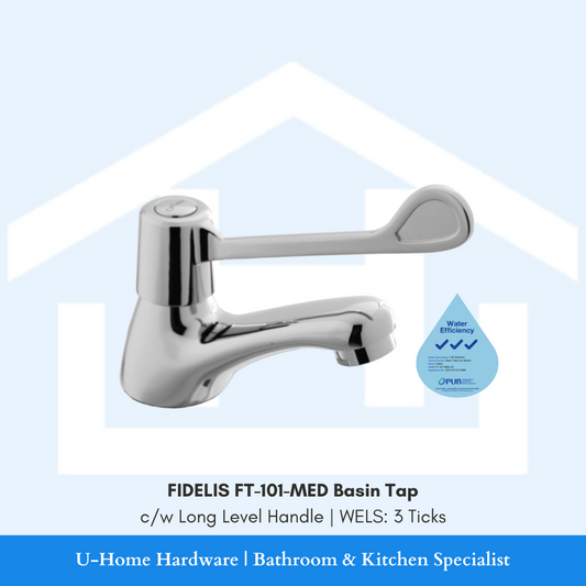 FIDELIS FT-101-MED Basin Tap (Cold) from the Medical Series, chrome finish with a long lever handle, against a white background with a water efficiency label.