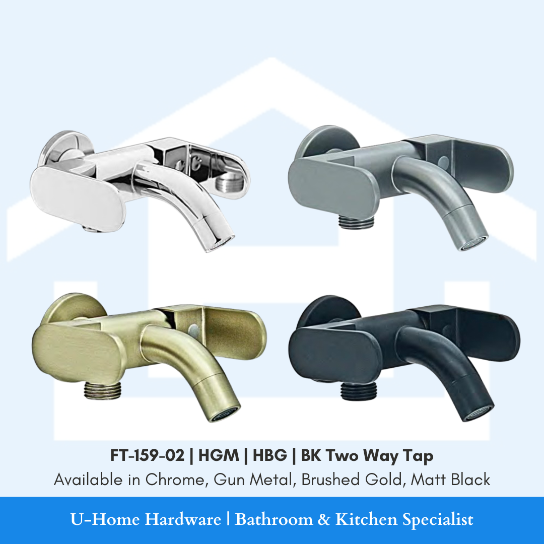 A set of four two-way taps in different finishes, including Chrome, Gun Metal, Brushed Gold, and Matt Black, labeled with different finish options and the product code FT-159-02.