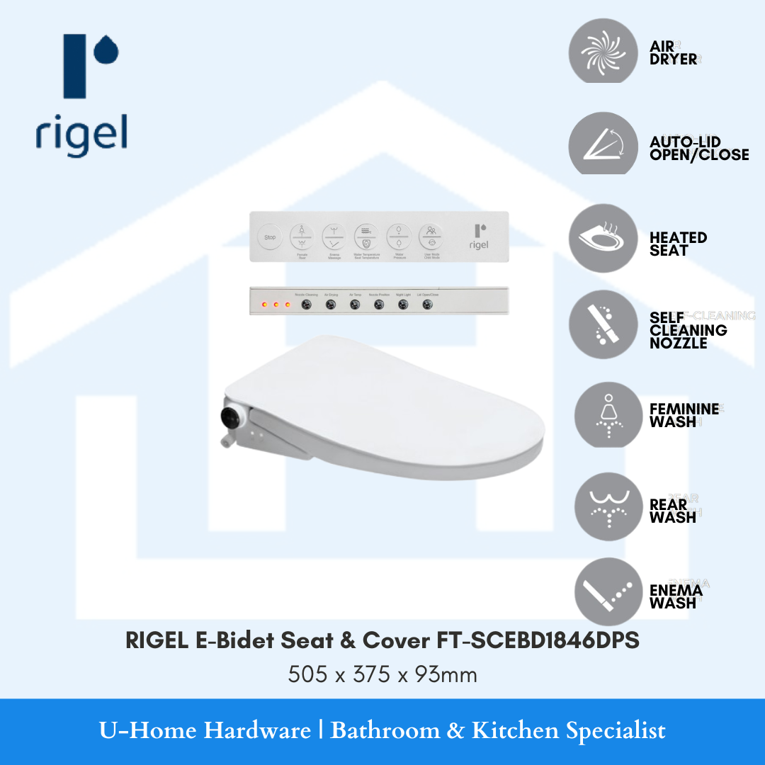 Top view of the RIGEL SCEBD1846DPS Electronic Bidet Seat, showing the sleek, modern lid design and the intuitive side control panel for smart functions.