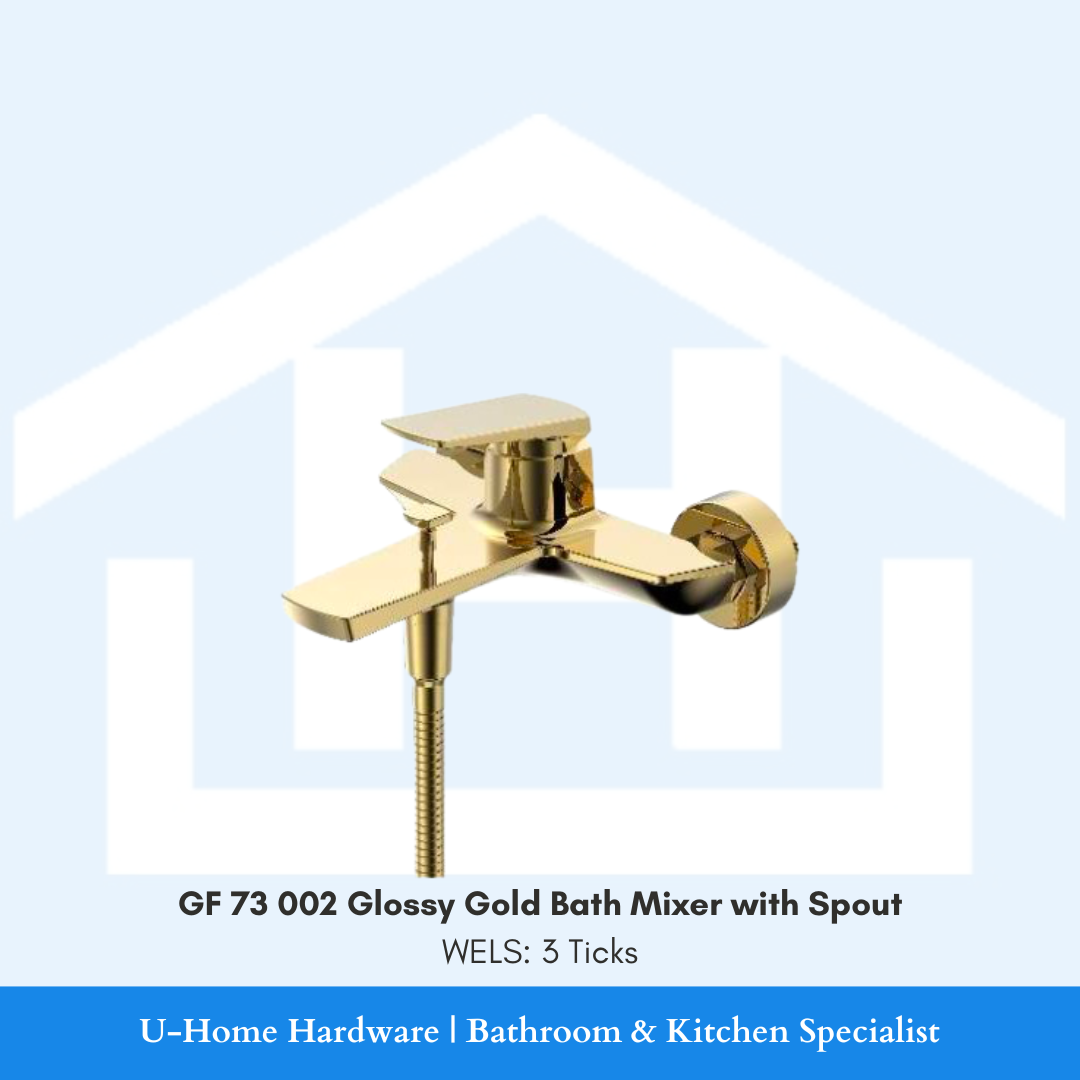 A glossy gold bath mixer with a spout, branded by G.FERRETTI, A wall-mounted G.FERRETTI GF 73 002 bath mixer with a high-shine glossy gold finish, featuring a modern single-lever handle