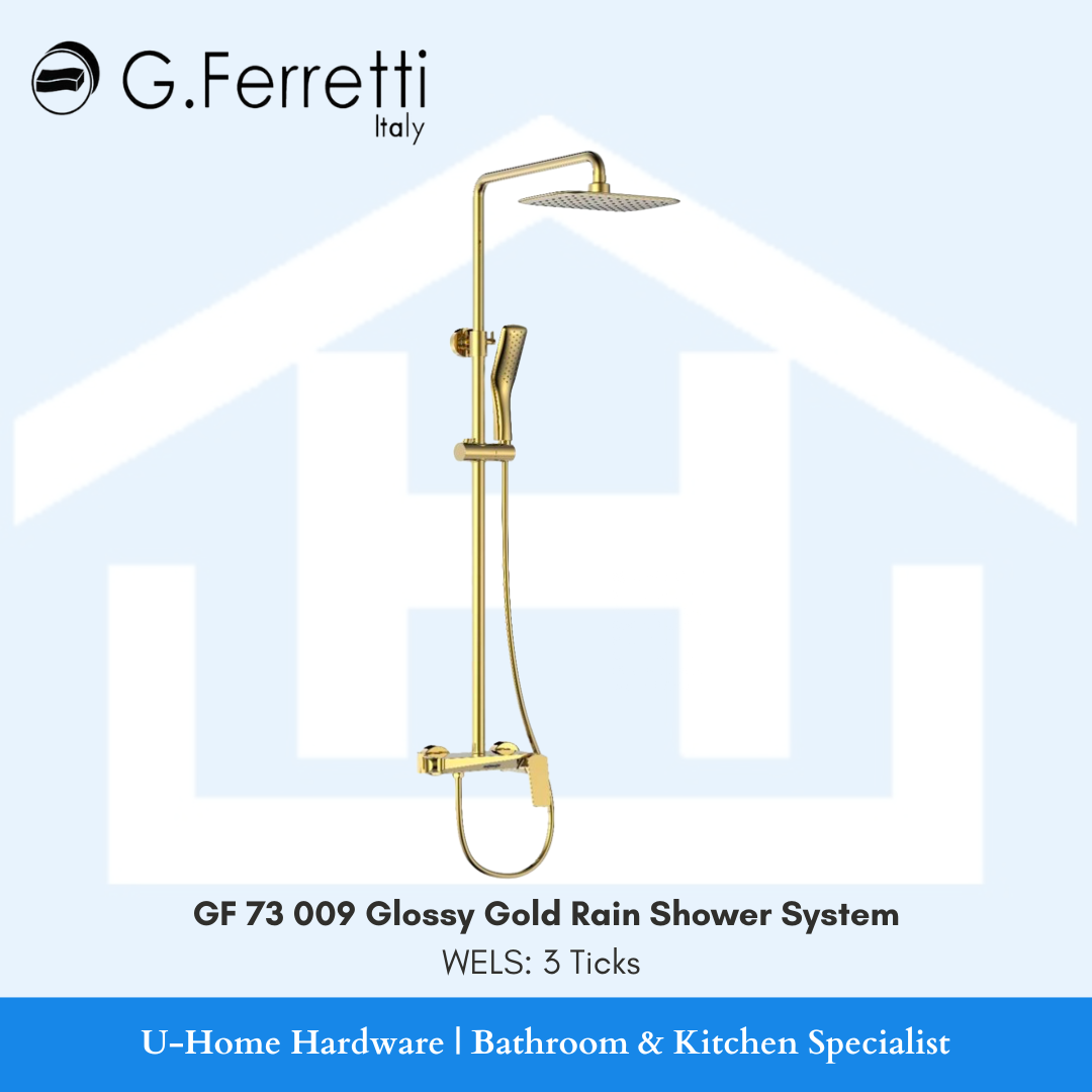 A glossy gold finish rain shower set by G.Ferretti, featuring a large overhead shower head and a secondary hand-held shower head, against a white background.