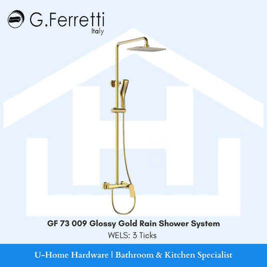 A glossy gold finish rain shower set by G.Ferretti, featuring a large overhead shower head and a secondary hand-held shower head, against a white background.