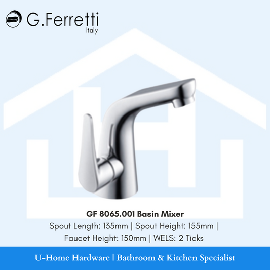 A chrome brass basin mixer tap with a long spout, labeled with G.FERRETTI brand and specified as a GF 8065.