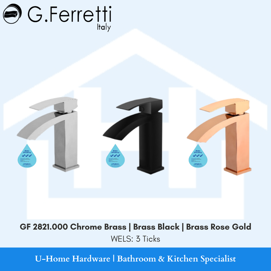 Three basin mixers by G.Ferretti in different finishes: Chrome Brass, Brass Black, and Brass Rose Gold, displayed side by side.