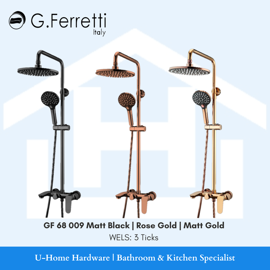 A set of G.Ferretti rain shower heads in various finishes including matte black, rose gold, and matte gold, 