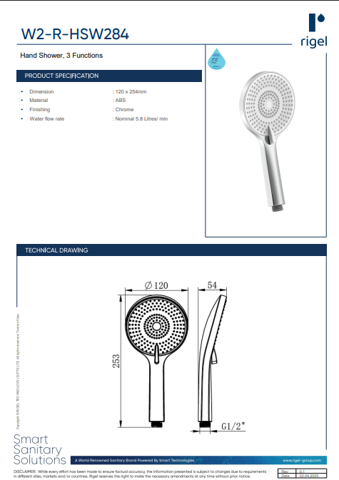 Hand shower with specifications and dimensions on a Rigel product sheet.