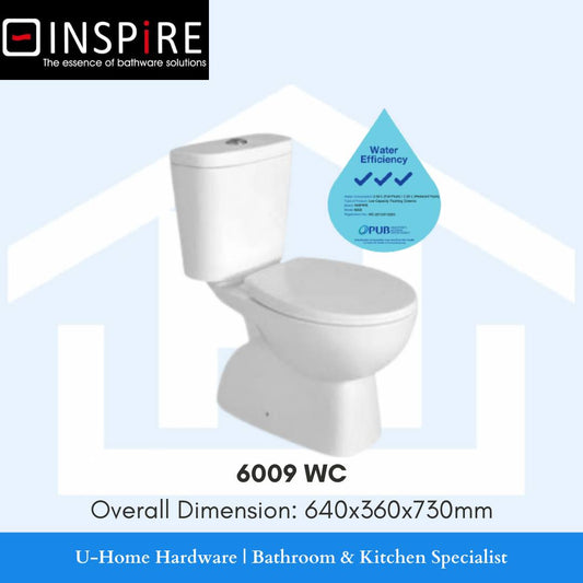 A white two-piece toilet bowl from Inspire, model 6009, with a graphic indicating water efficiency. The overall dimension is shown as 640x360x730mm.