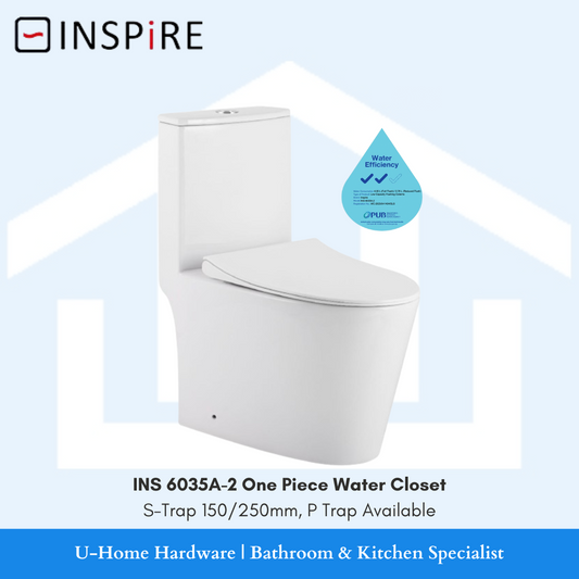 white INSPIRE one-piece toilet bowl with a visible water closet system. soft closing seat cover 2 ticks 