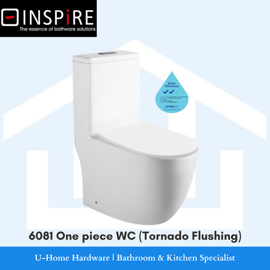 INSPIRE 6081 One Piece Toilet Bowl (Tornado Flush) 2 tick water efficiency label. displaying a white one piece toilet bowl with tornado flushing