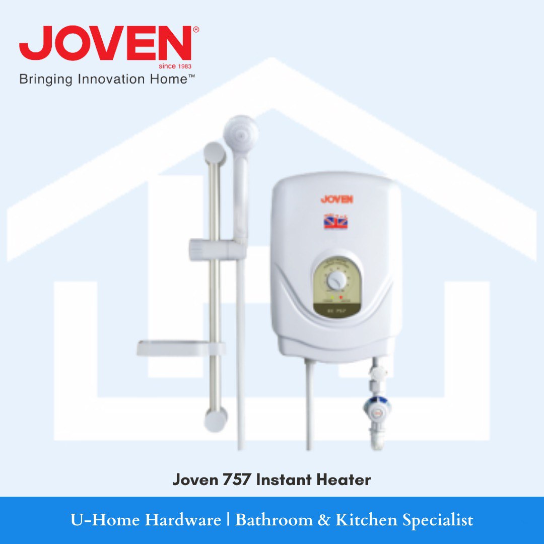 A white Joven 757 Instant Heater with a hand shower and valve