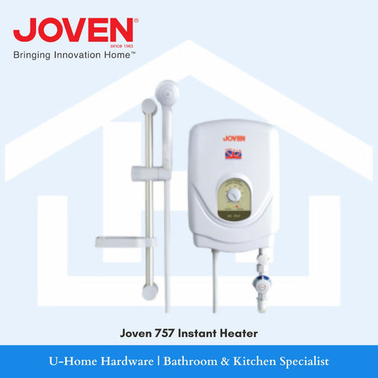 A white Joven 757 Instant Heater with a hand shower and valve